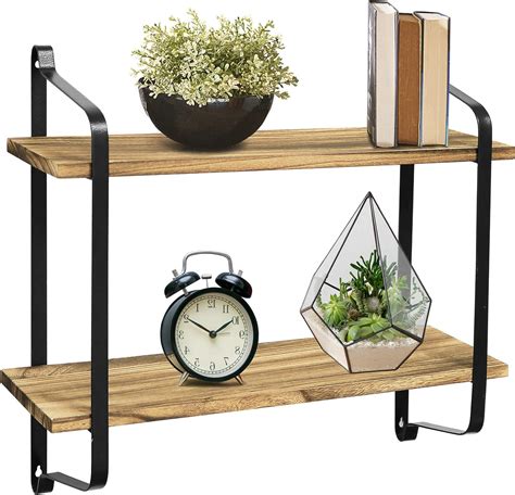 Greenco Rustic Floating Shelves Wall Mounted 2 Tier With Metal 